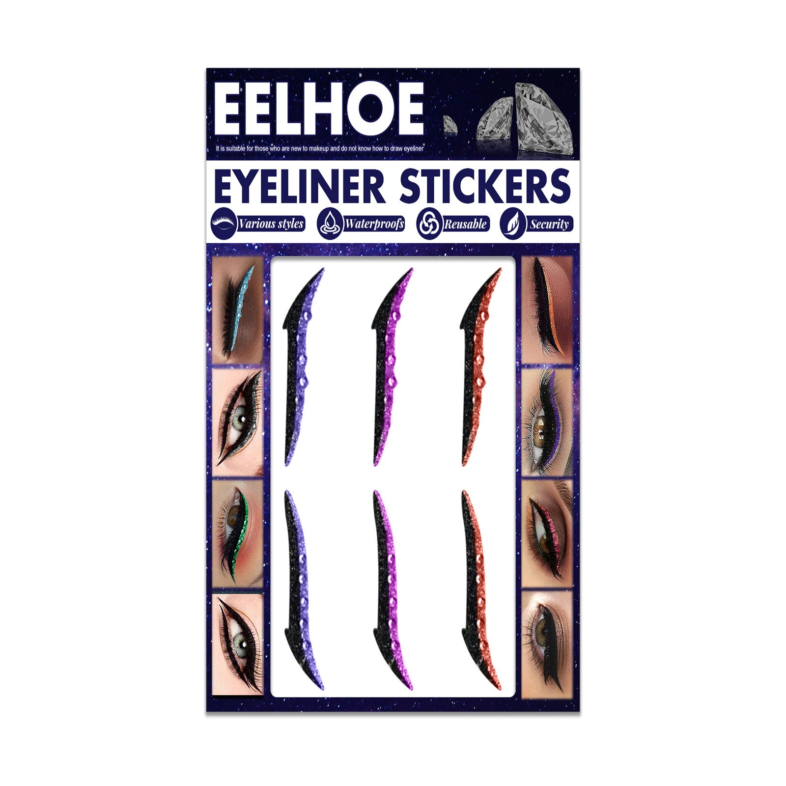 EELHOE Colored Diamonds Eyelid Line Sticker Waterproof Self-adhesive Eye Liner Eyeliner 3 Style