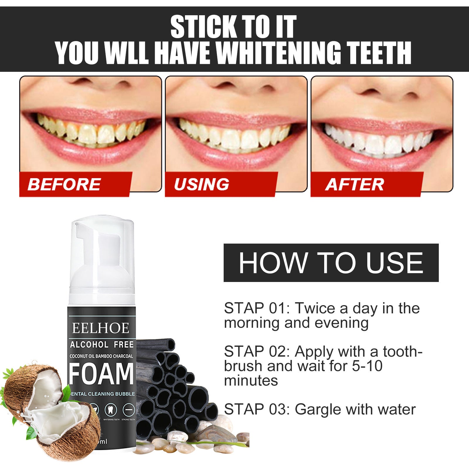 EELHOE Coconut Oil Bamboo Charcoal Mousse Foaming Toothpaste EELHOE COSMETICS