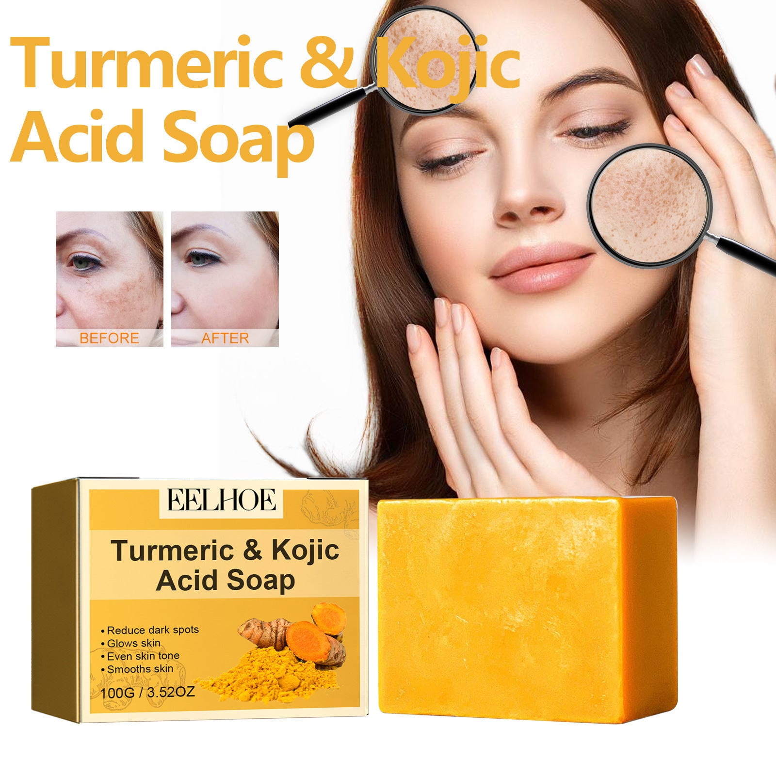 EELHOE Turmeric And Kojic Acid Soap Gently Clean Facial Fading Spots Brighten Skin Color Hydrating Moisturizing