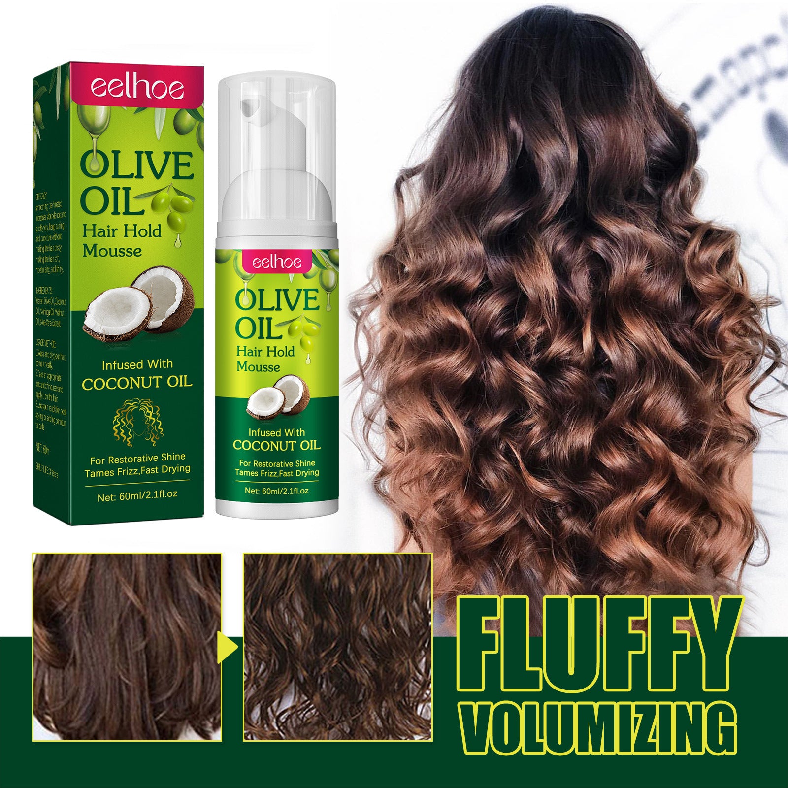EELHOE Olive Oil Hair Styling Mousse Long-lasting Moisturizing Roll Shape Anti-frizz