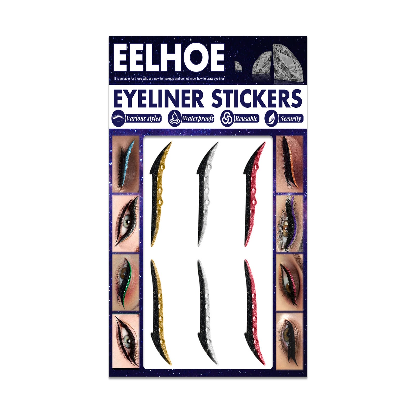 EELHOE Colored Diamonds Eyelid Line Sticker Waterproof Self-adhesive Eye Liner Eyeliner 2 Style