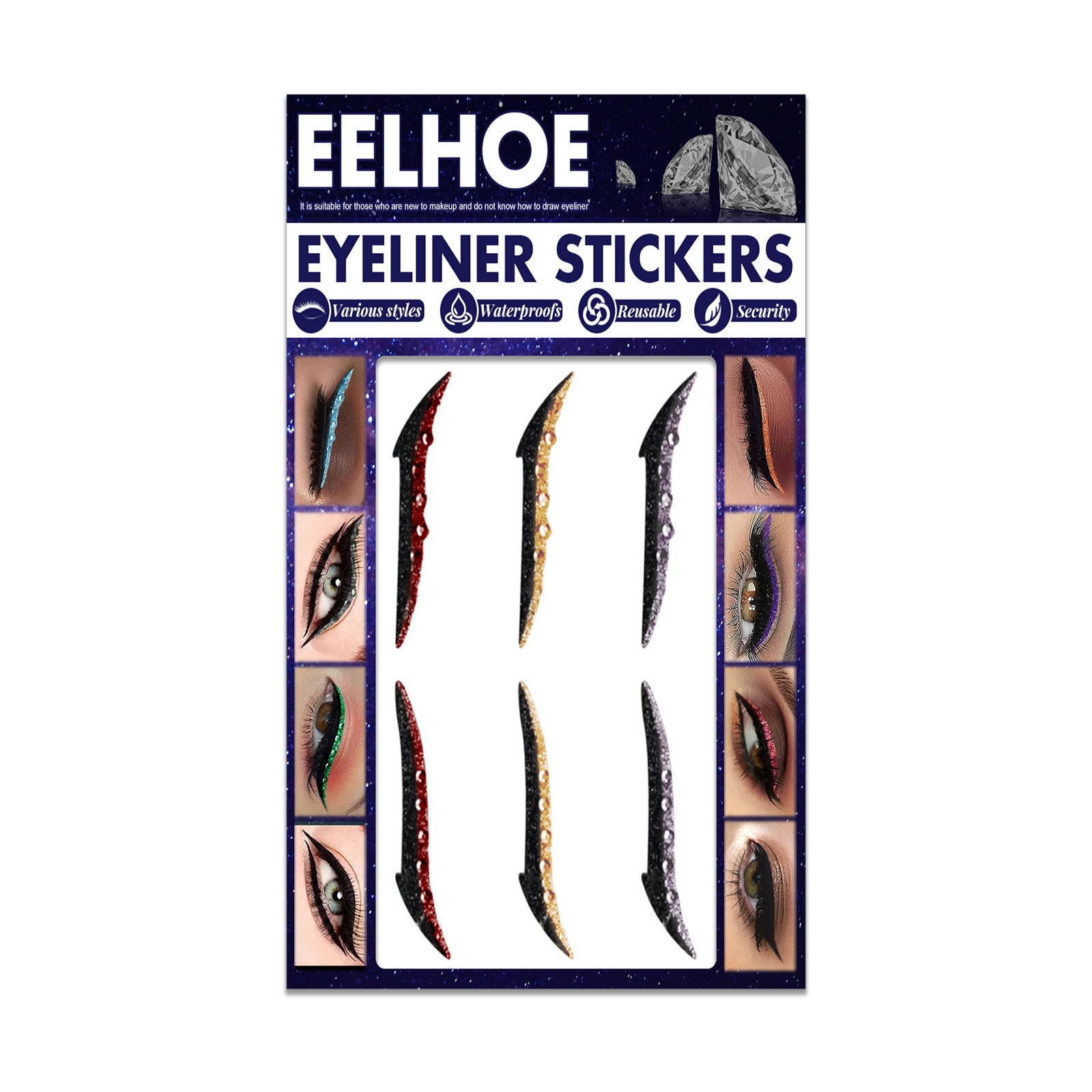 EELHOE Colored Diamonds Eyelid Line Sticker Waterproof Self-adhesive Eye Liner Eyeliner 6 Style