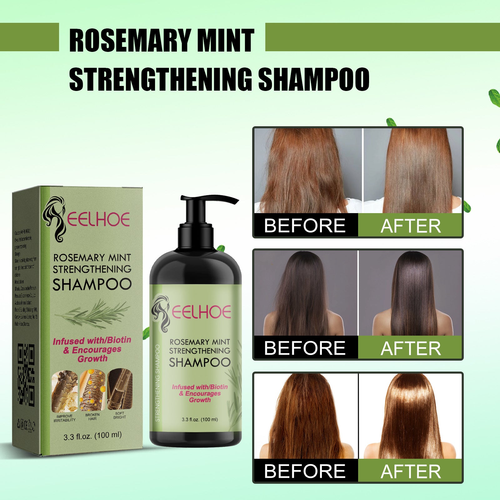 EELHOE Rosemary Mint Shampoo Moisturizing Supple Hair Repair Dry Frizz Refreshing