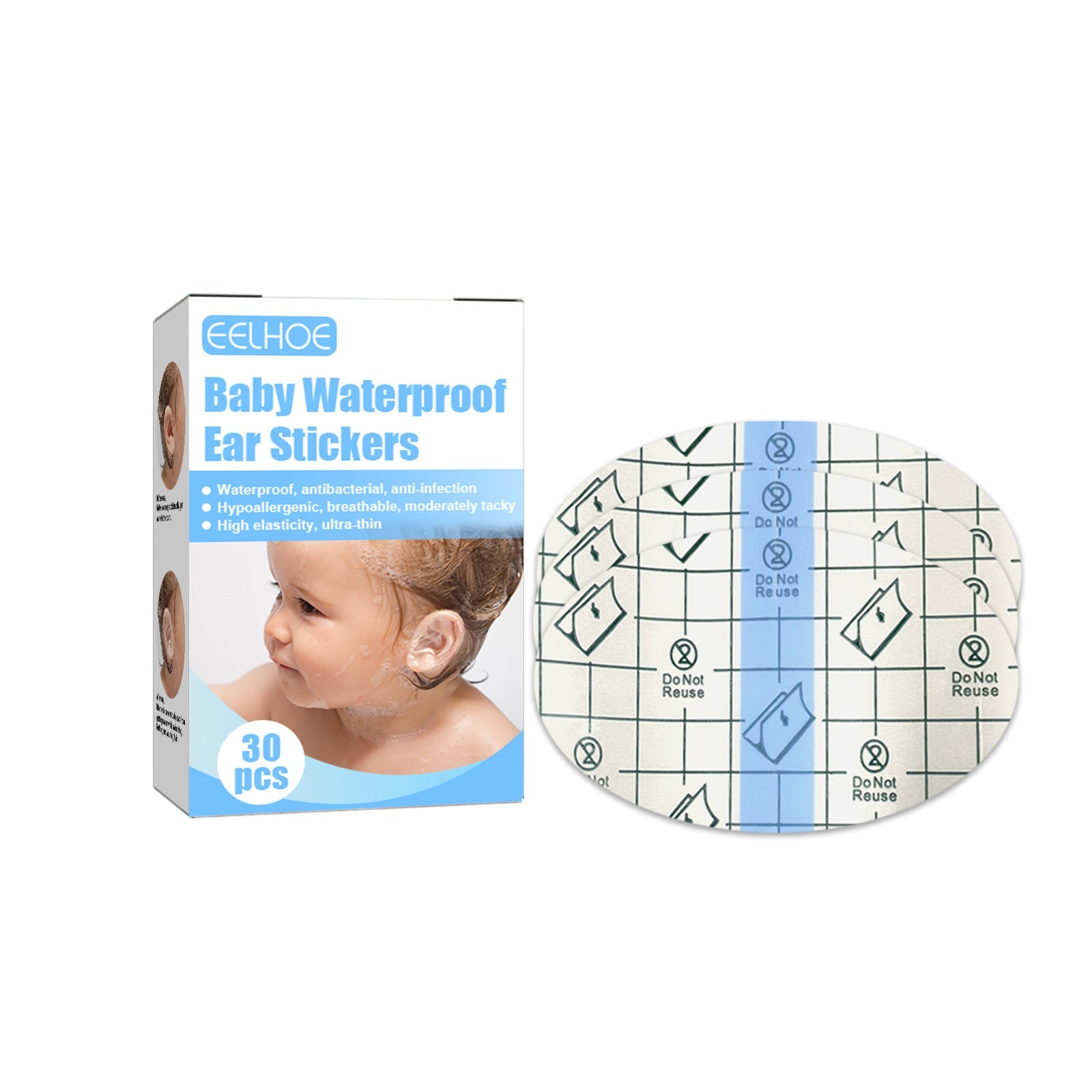 EELHOE Waterproof Ear Patch Baby Swimming Shower Shampoo White